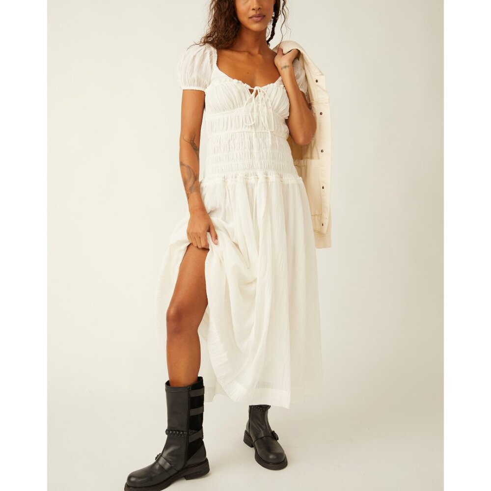 Free People Cream Smocked Puff-Sleeve Midi Dress